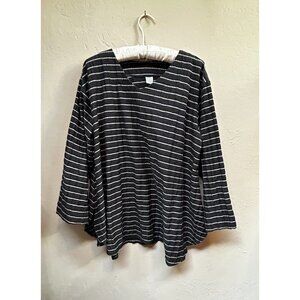 MSquare Womens Long Sleeve V-Neck Tunic Top Striped Black White Relaxed One Size